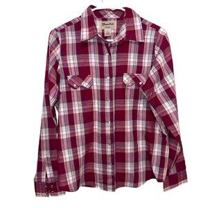 Wrangler Womens Pink Burgundy Plaid Long Sleeve Button-Down Western Shirt